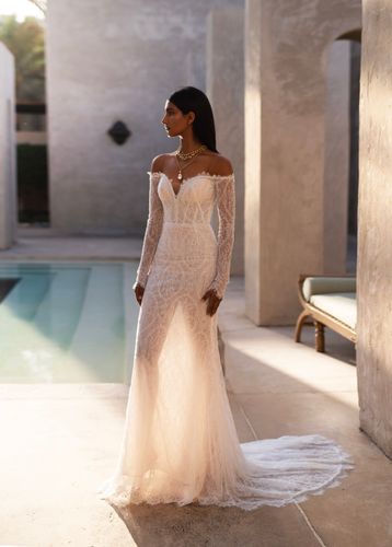 Buy Samira Natalia Romanova's wedding dress from the Dune 2025 collection at the Mary Trufel boutique